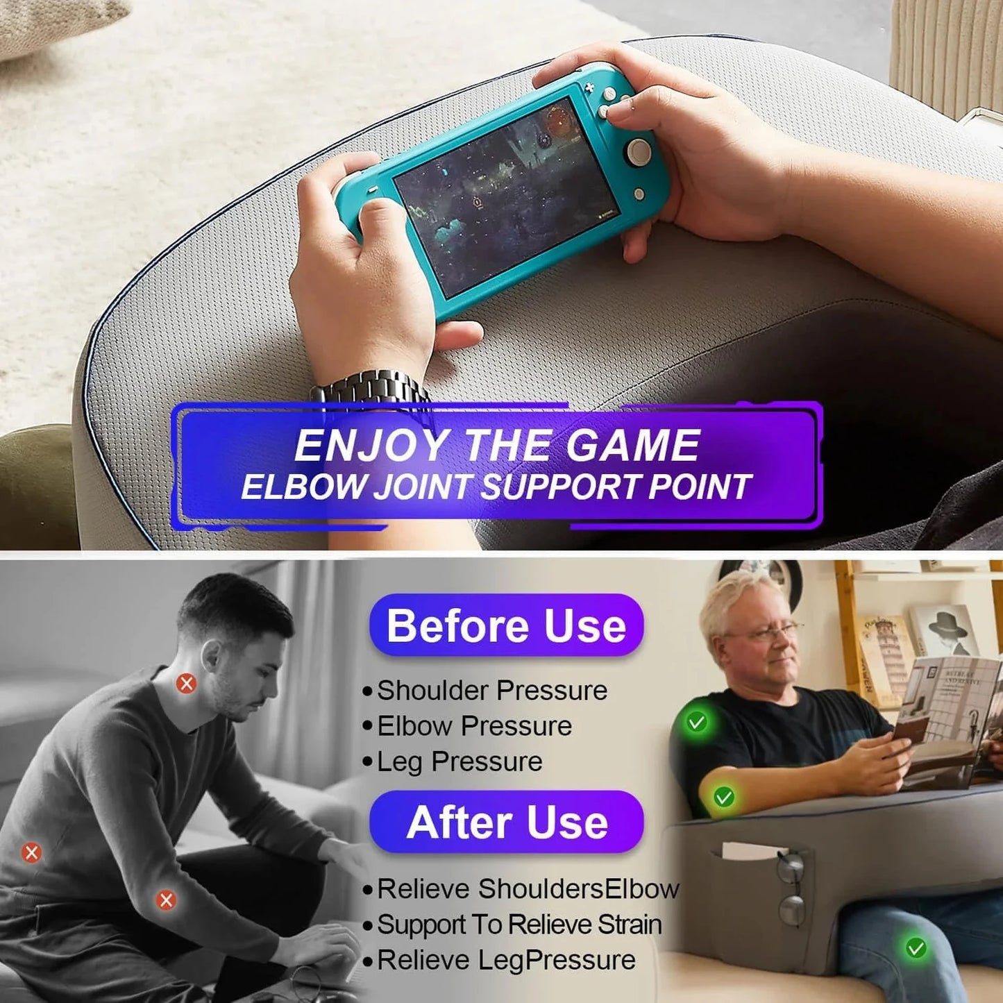 Memory Foam Reading & Gaming Pillow – Ergonomic Lap Desk and Arm Rest for Bed or Sofa
